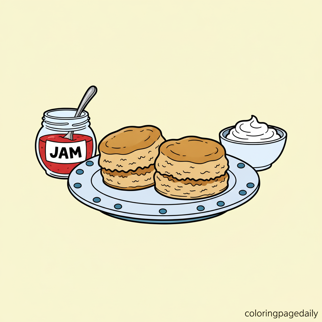 English Scones with Jam - Colored reference example for this printable coloring page