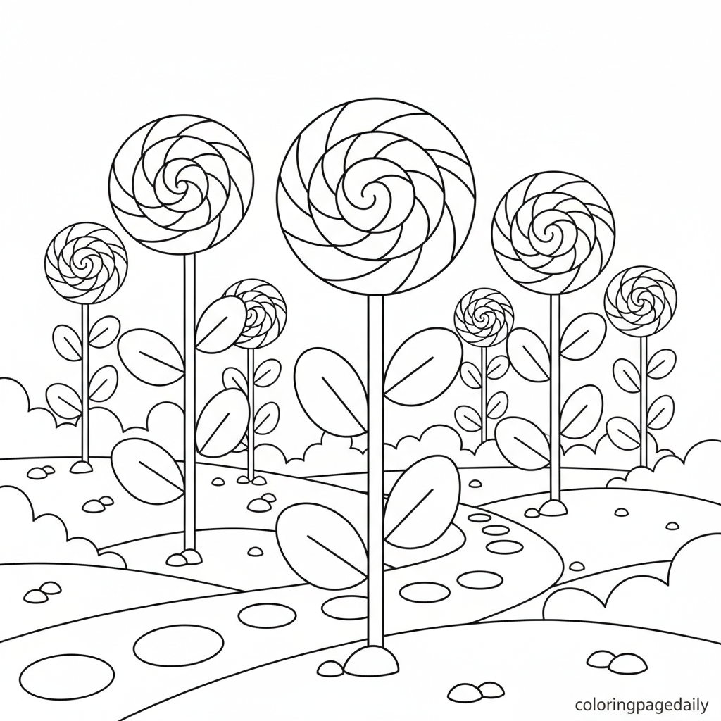 Magical Lollipop Garden - Black and white coloring page ready to print