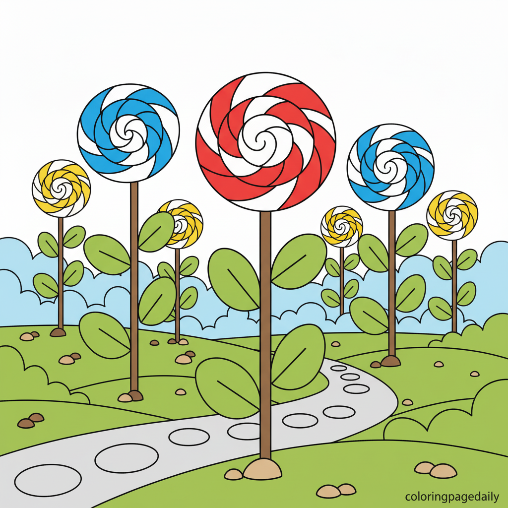 Magical Lollipop Garden - Colored reference example for this printable coloring page