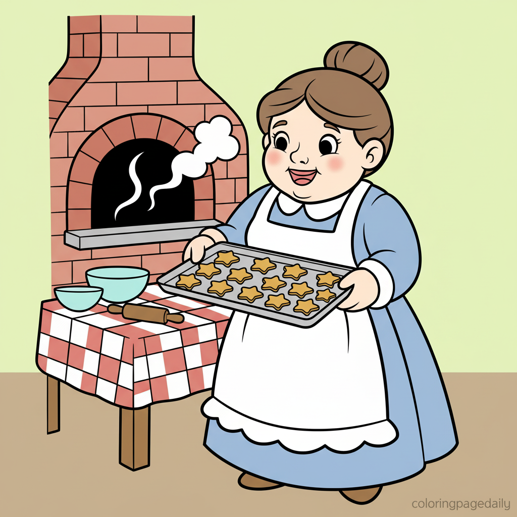Mrs. Claus Baking Cookies - Colored reference example for this printable coloring page