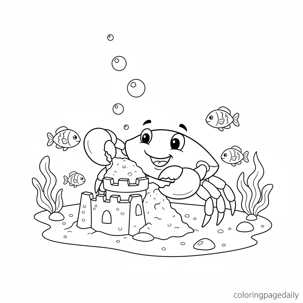 Crab Building a Sandcastle - Black and white coloring page ready to print
