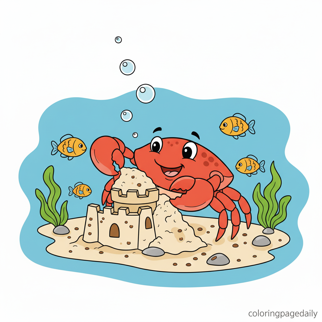 Crab Building a Sandcastle - Colored reference example for this printable coloring page