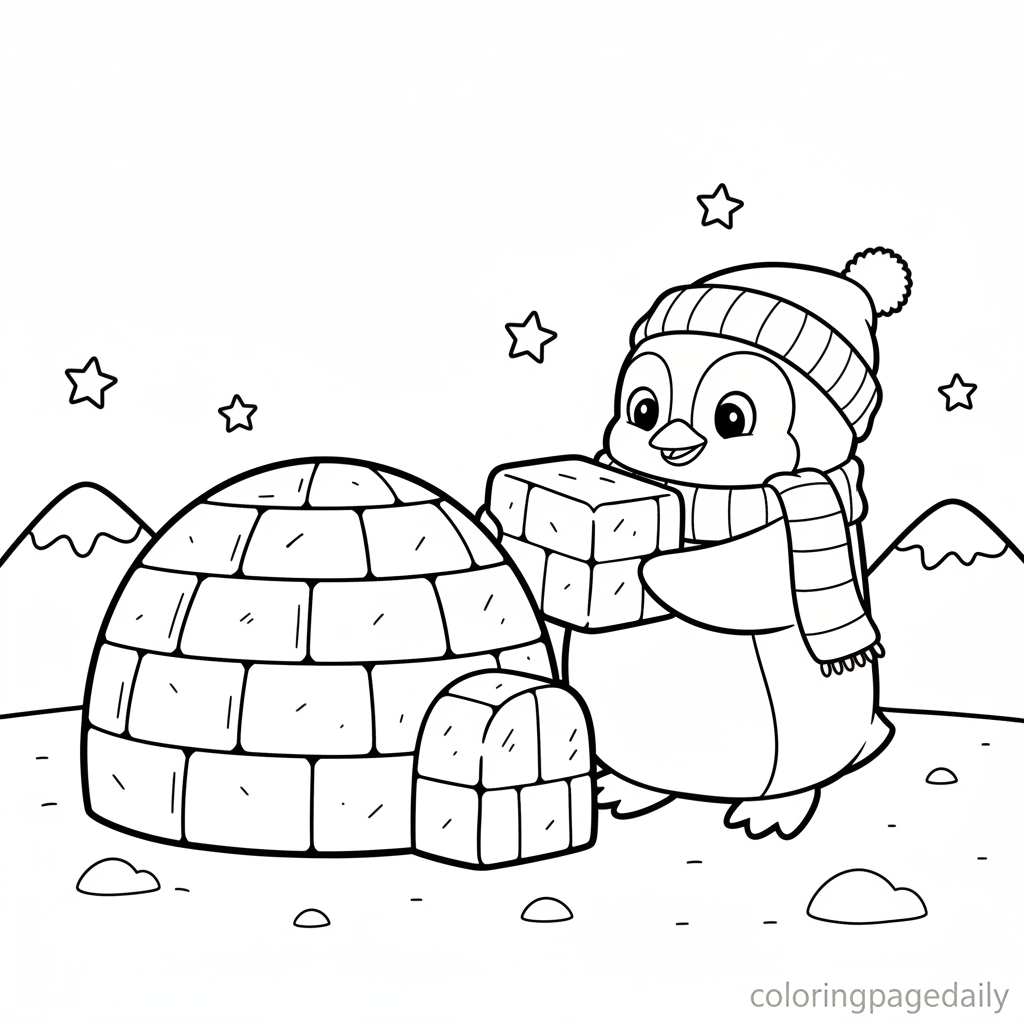 Penguin Building Igloo - Black and white coloring page ready to print