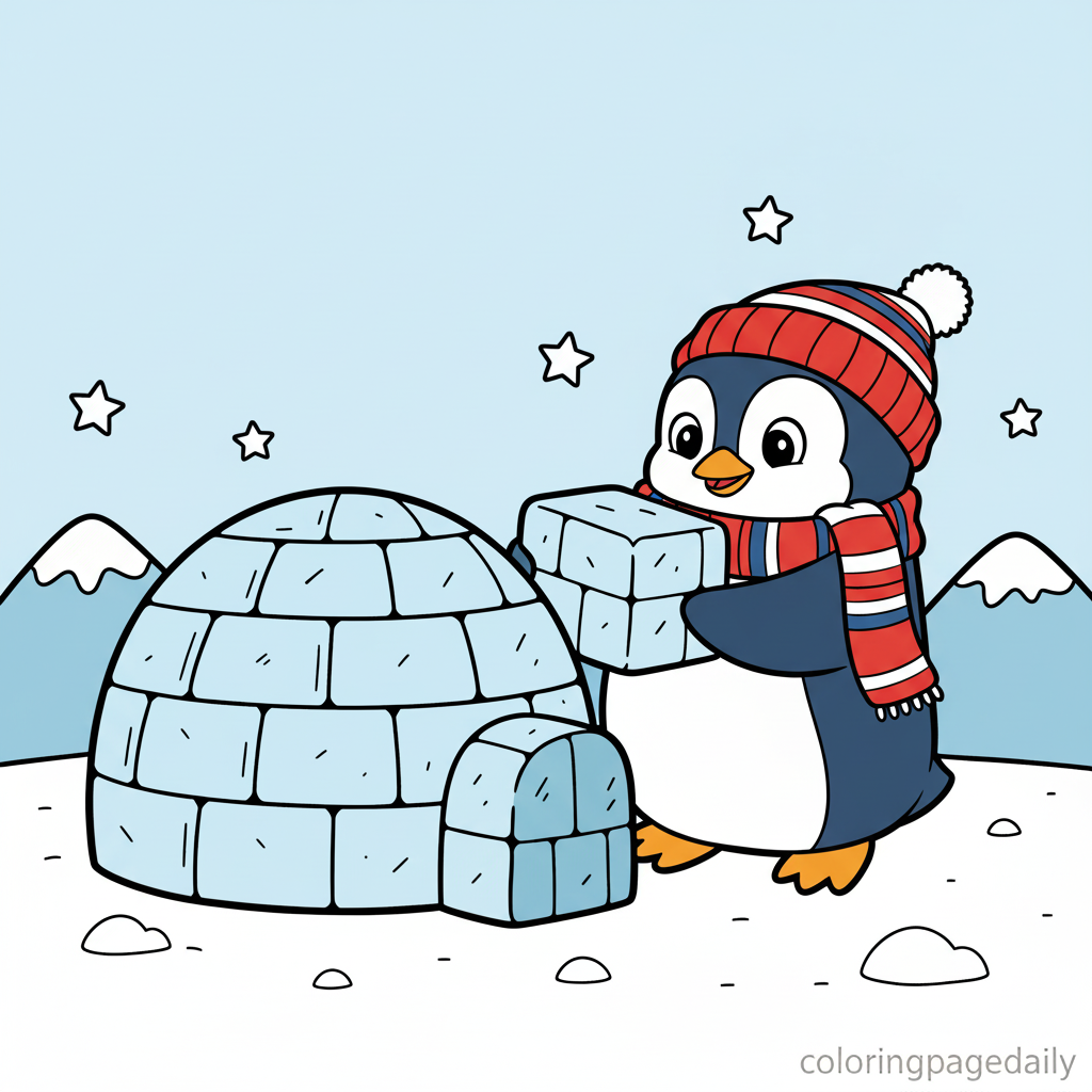 Penguin Building Igloo - Colored reference example for this printable coloring page