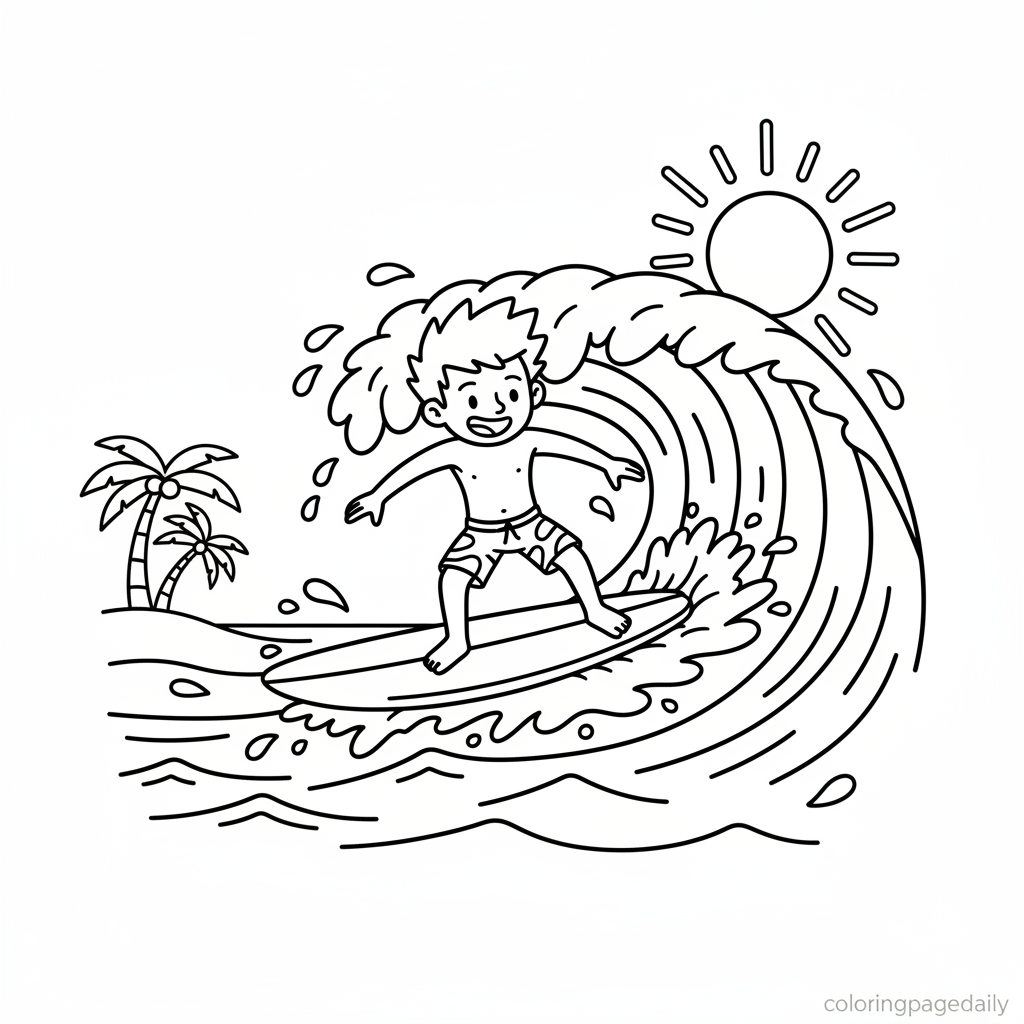 Surfer Riding Wave - Black and white coloring page ready to print