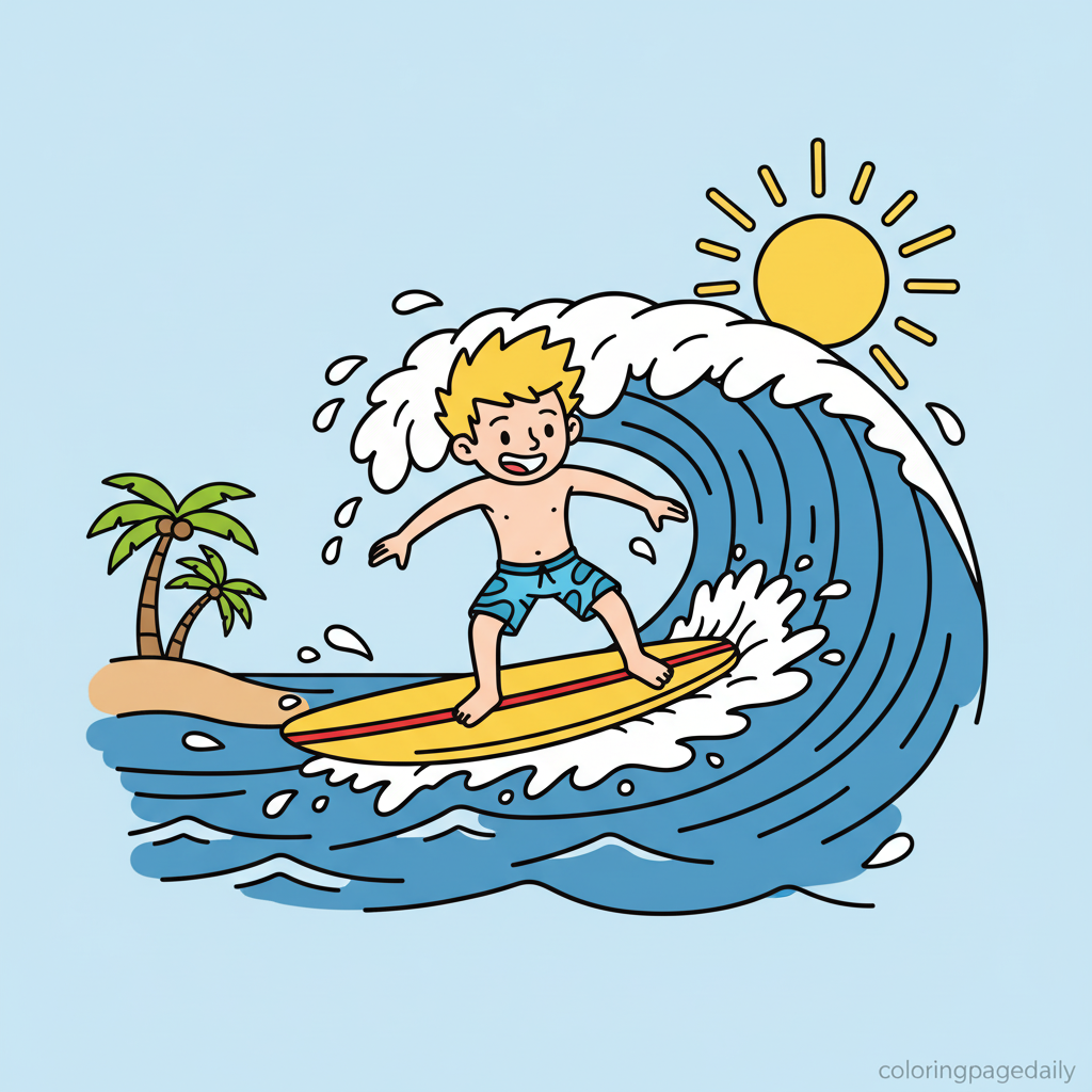Surfer Riding Wave - Colored reference example for this printable coloring page