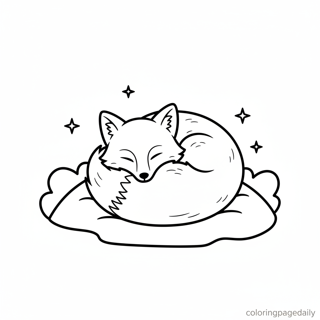 Sleeping Arctic Fox - Black and white coloring page ready to print