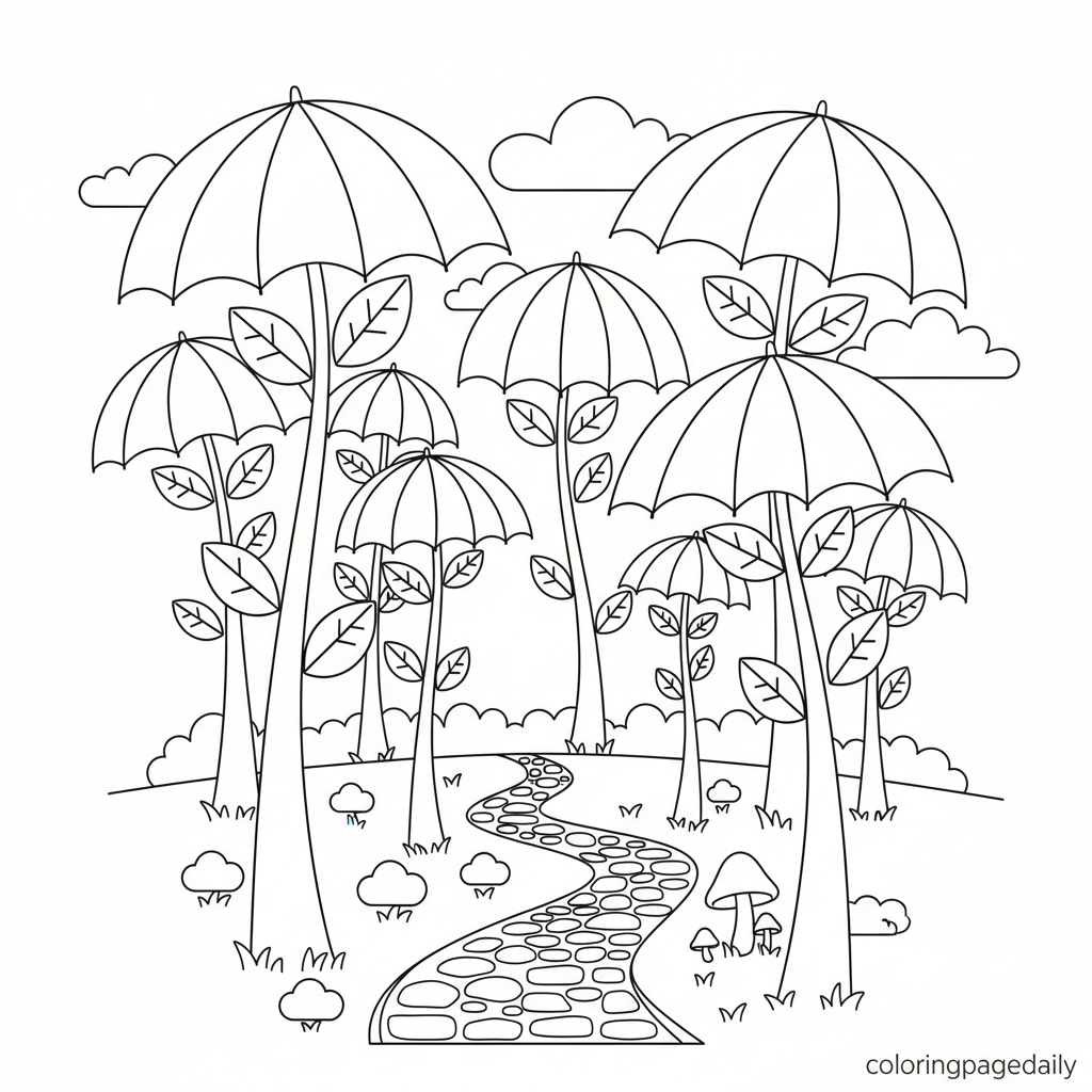 Magical Umbrella Forest - Black and white coloring page ready to print