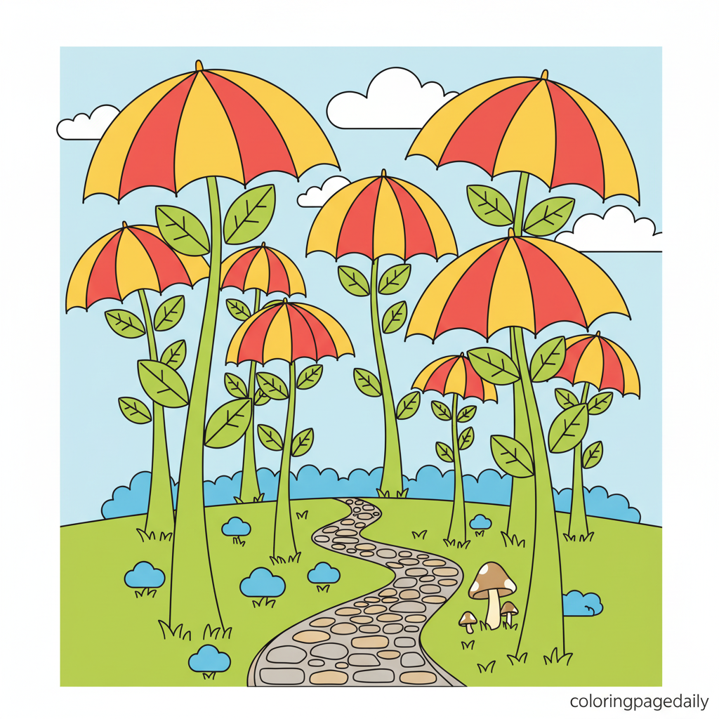 Magical Umbrella Forest - Colored reference example for this printable coloring page