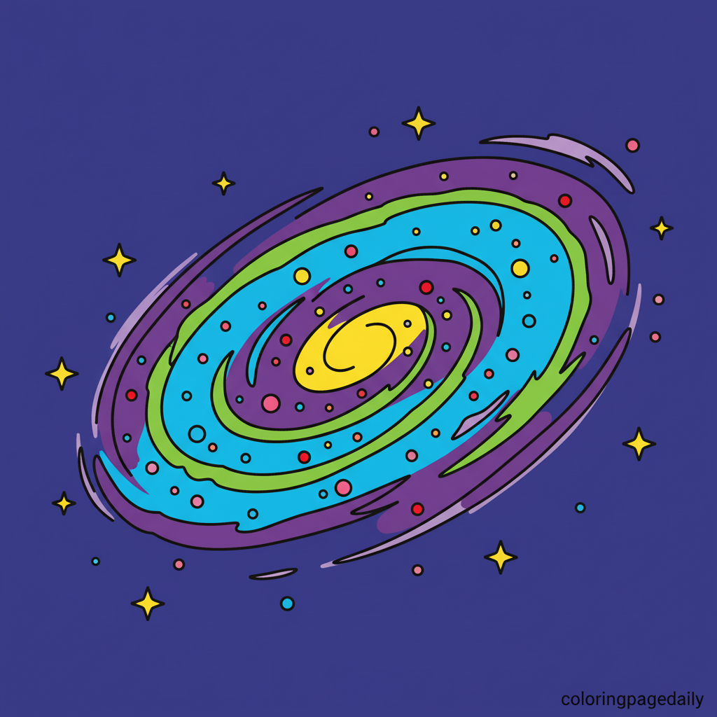 Spiral Galaxy in Space - Colored reference example for this printable coloring page