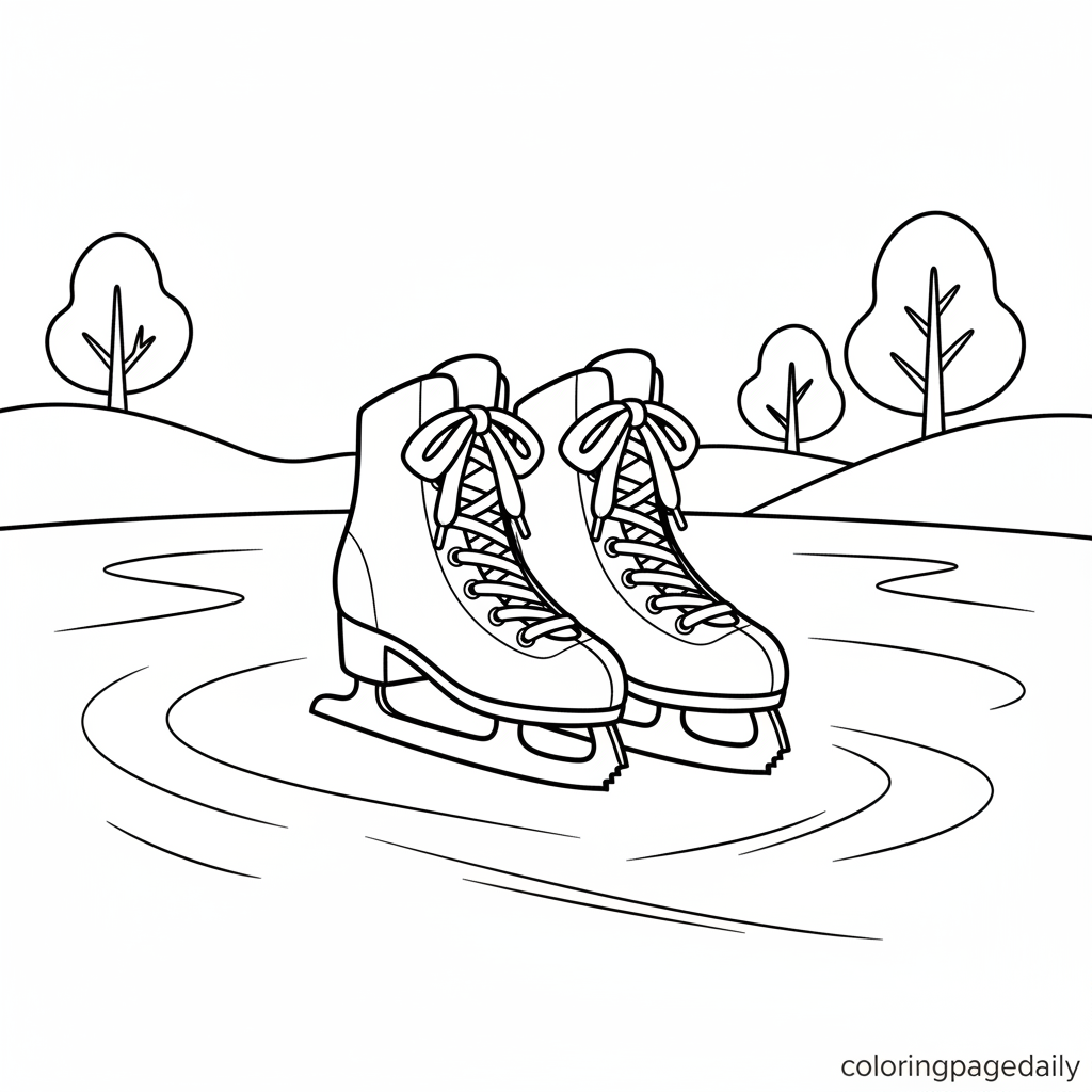 Ice Skates on Pond - Black and white coloring page ready to print