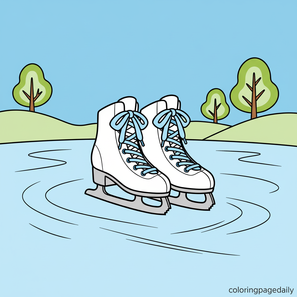 Ice Skates on Pond - Colored reference example for this printable coloring page