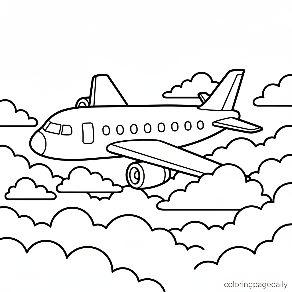 Passenger Airplane Flying - Black and white coloring page ready to print