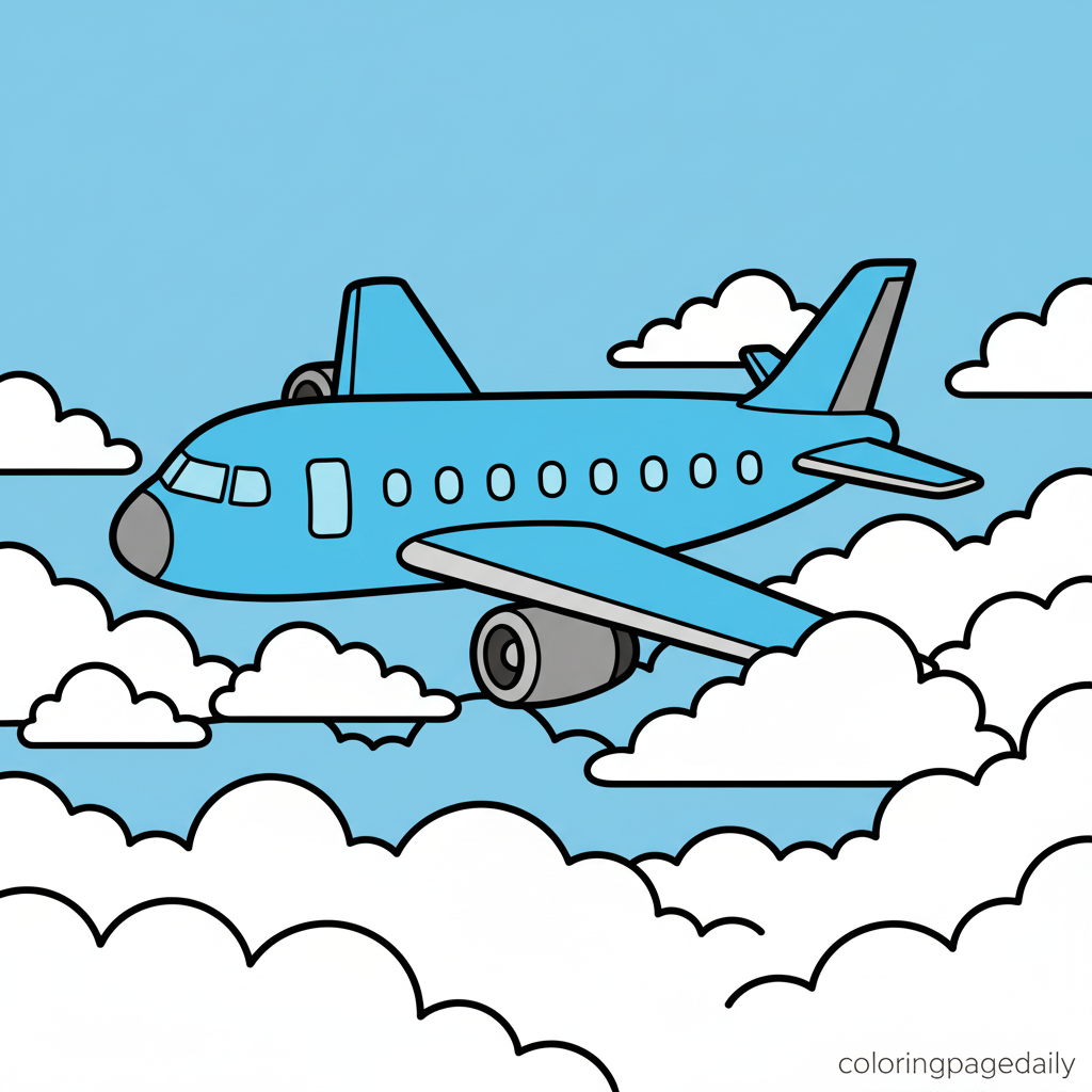 Passenger Airplane Flying - Colored reference example for this printable coloring page