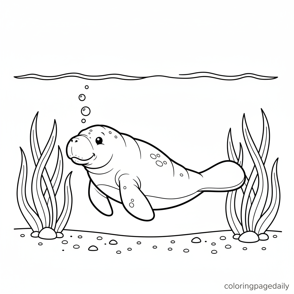 Manatee Eating Seagrass - Black and white coloring page ready to print