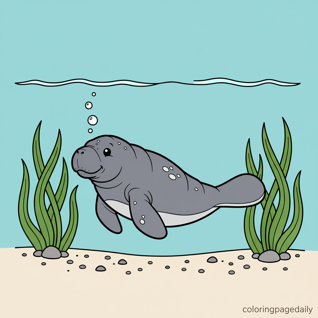 Manatee Eating Seagrass - Colored reference example for this printable coloring page