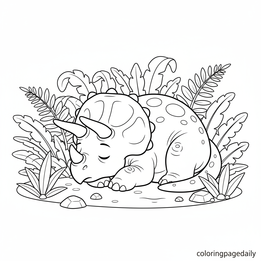 Triceratops Nap Time - Black and white coloring page ready to print