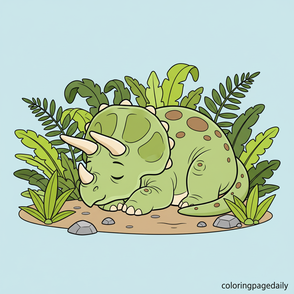 Triceratops Nap Time - Colored reference example for this printable coloring page