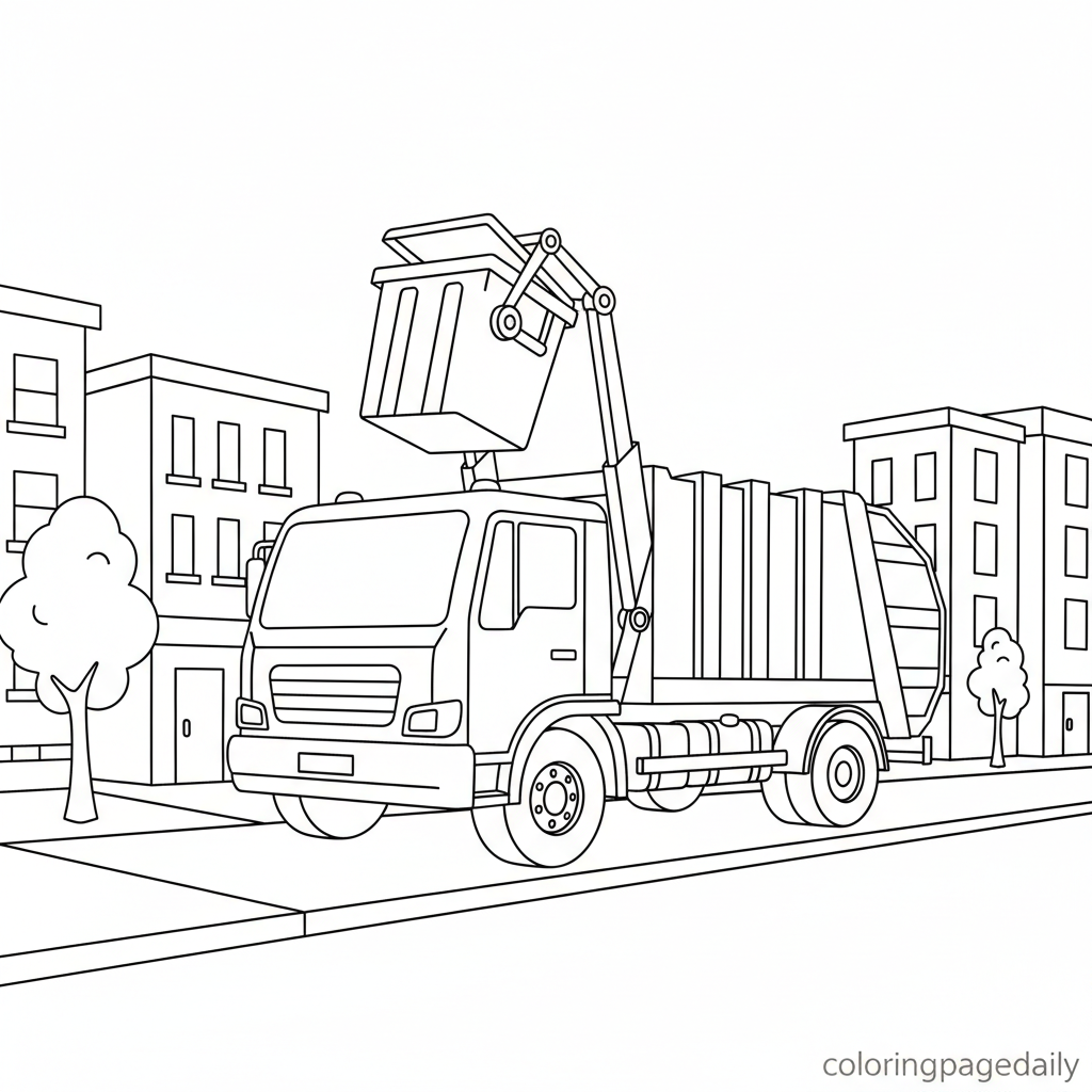 Garbage Truck Loading - Black and white coloring page ready to print