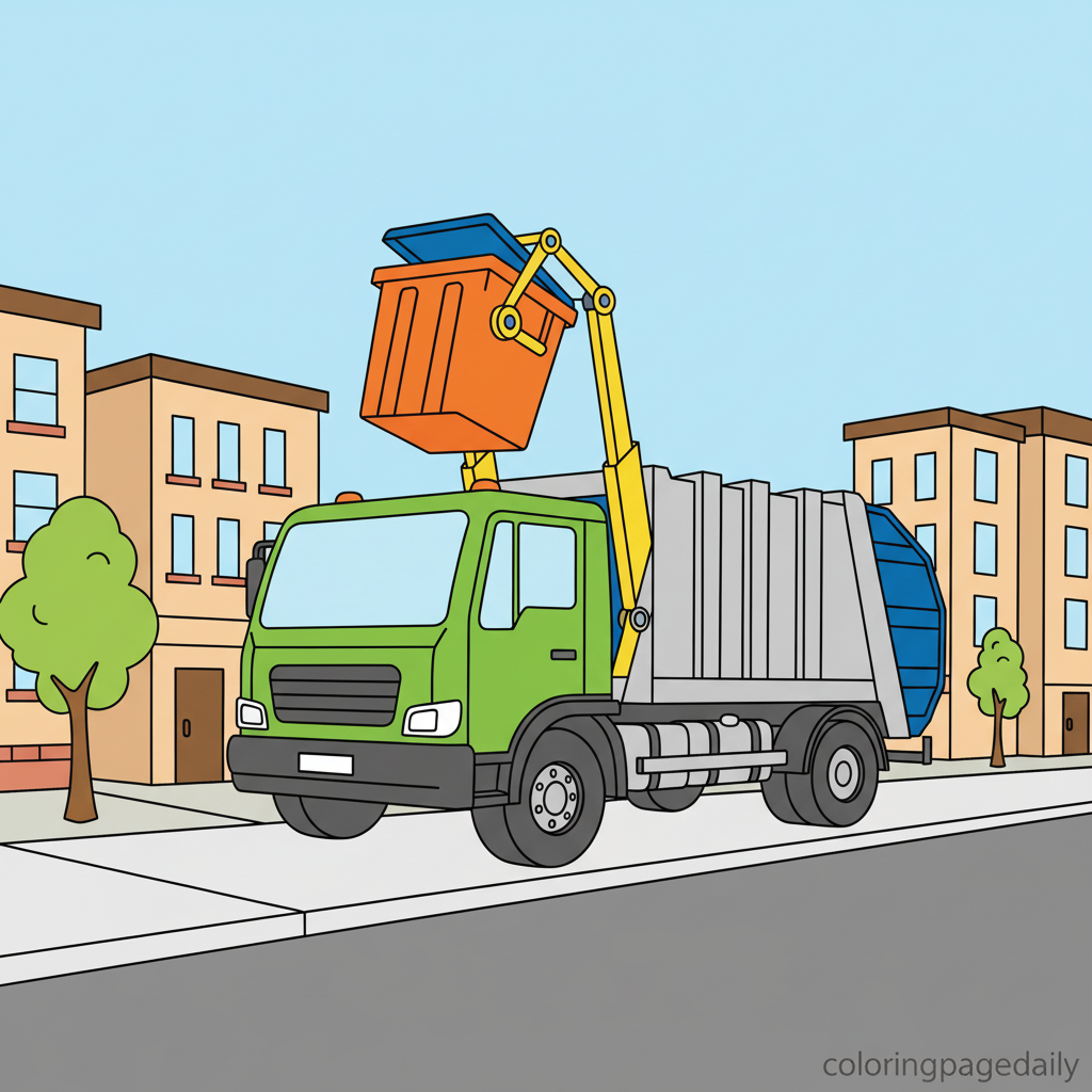 Garbage Truck Loading - Colored reference example for this printable coloring page
