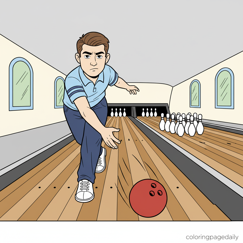 Kid Bowling Strike - Colored reference example for this printable coloring page