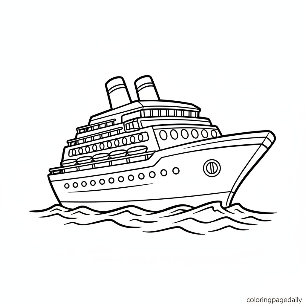 Cruise Ship Sailing - Black and white coloring page ready to print