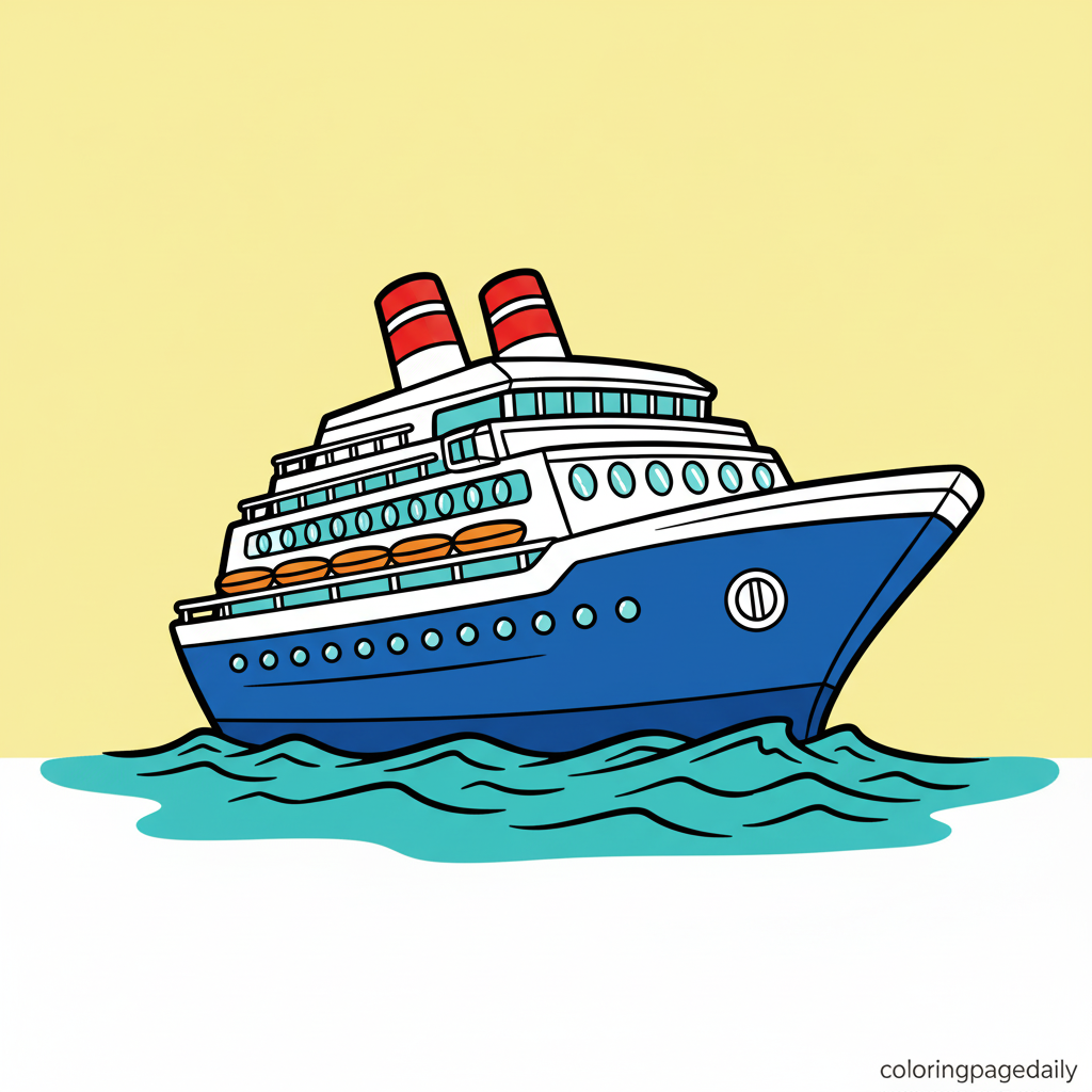 Cruise Ship Sailing - Colored reference example for this printable coloring page
