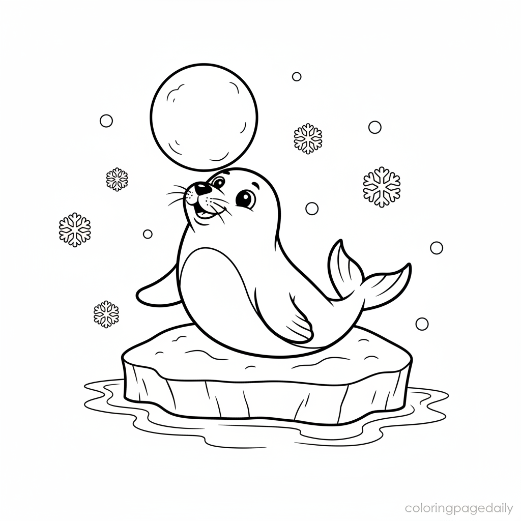 Seal Balancing Snowball - Black and white coloring page ready to print