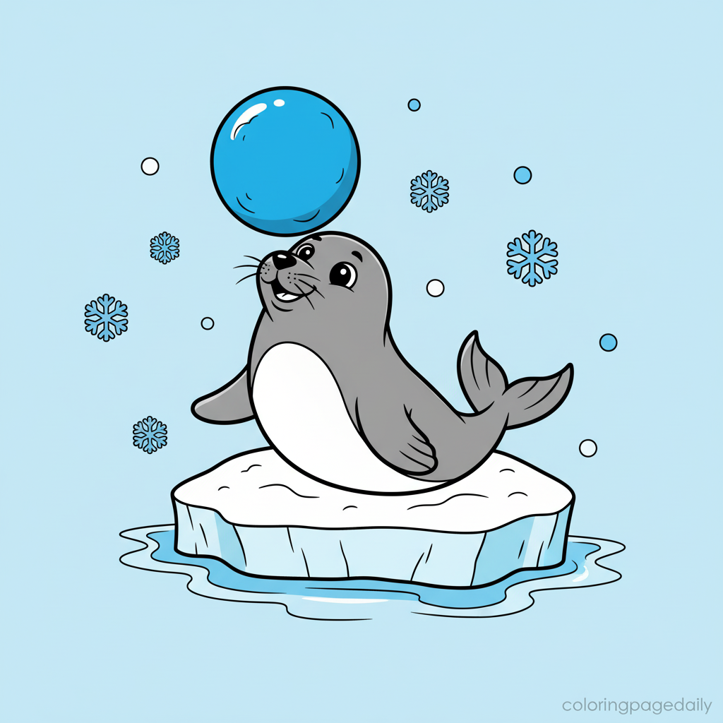 Seal Balancing Snowball - Colored reference example for this printable coloring page