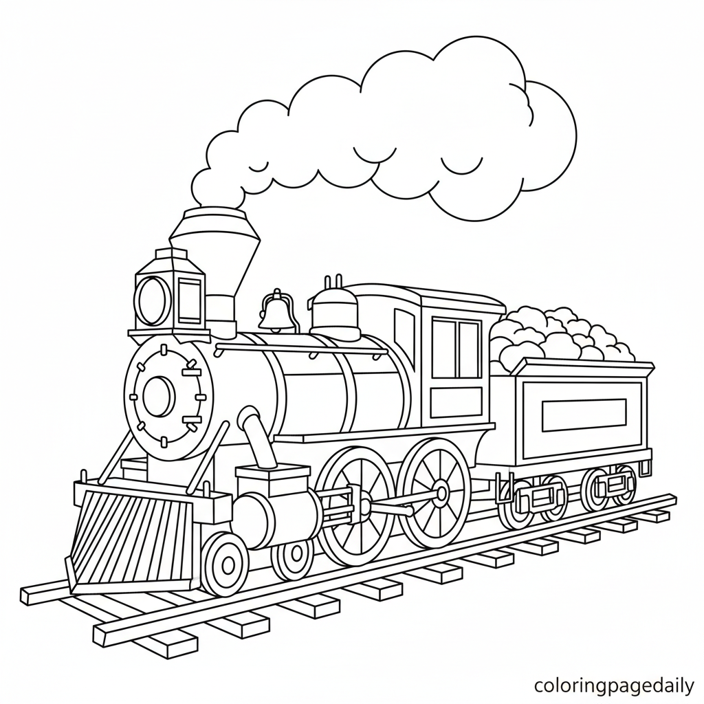 Steam Locomotive Train - Black and white coloring page ready to print