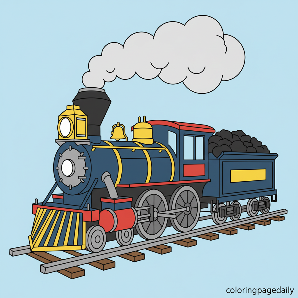 Steam Locomotive Train - Colored reference example for this printable coloring page