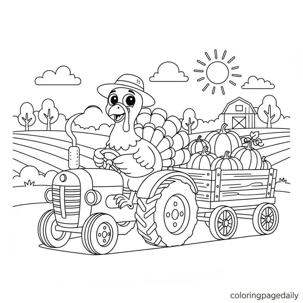 Turkey Driving Tractor - Black and white coloring page ready to print