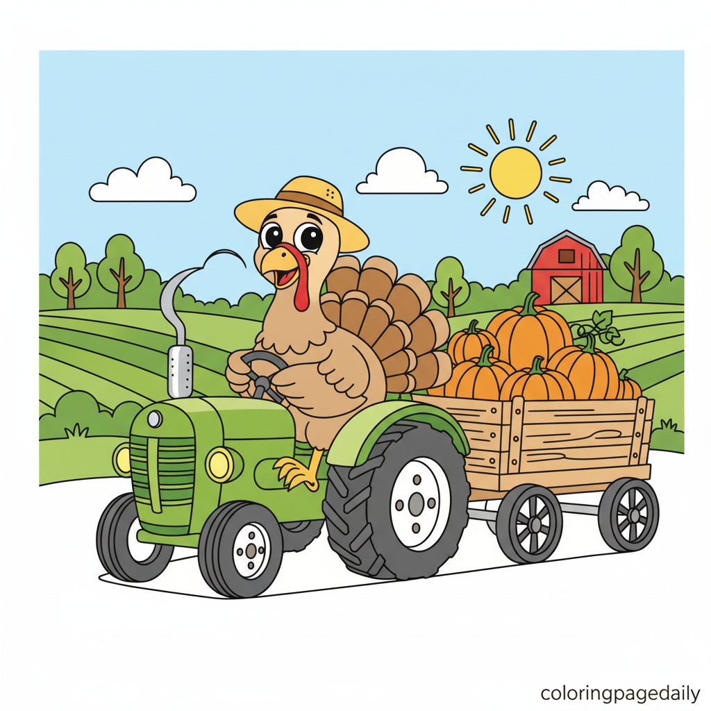 Turkey Driving Tractor - Colored reference example for this printable coloring page