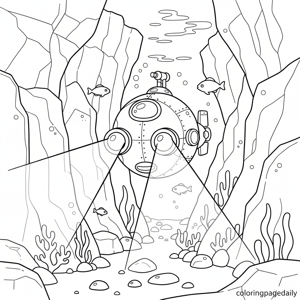 Submarine Underwater Adventure - Black and white coloring page ready to print