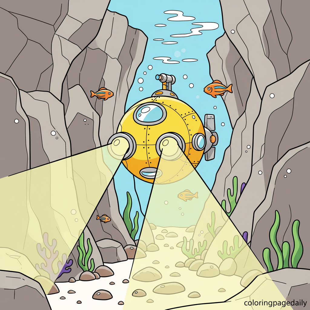 Submarine Underwater Adventure - Colored reference example for this printable coloring page