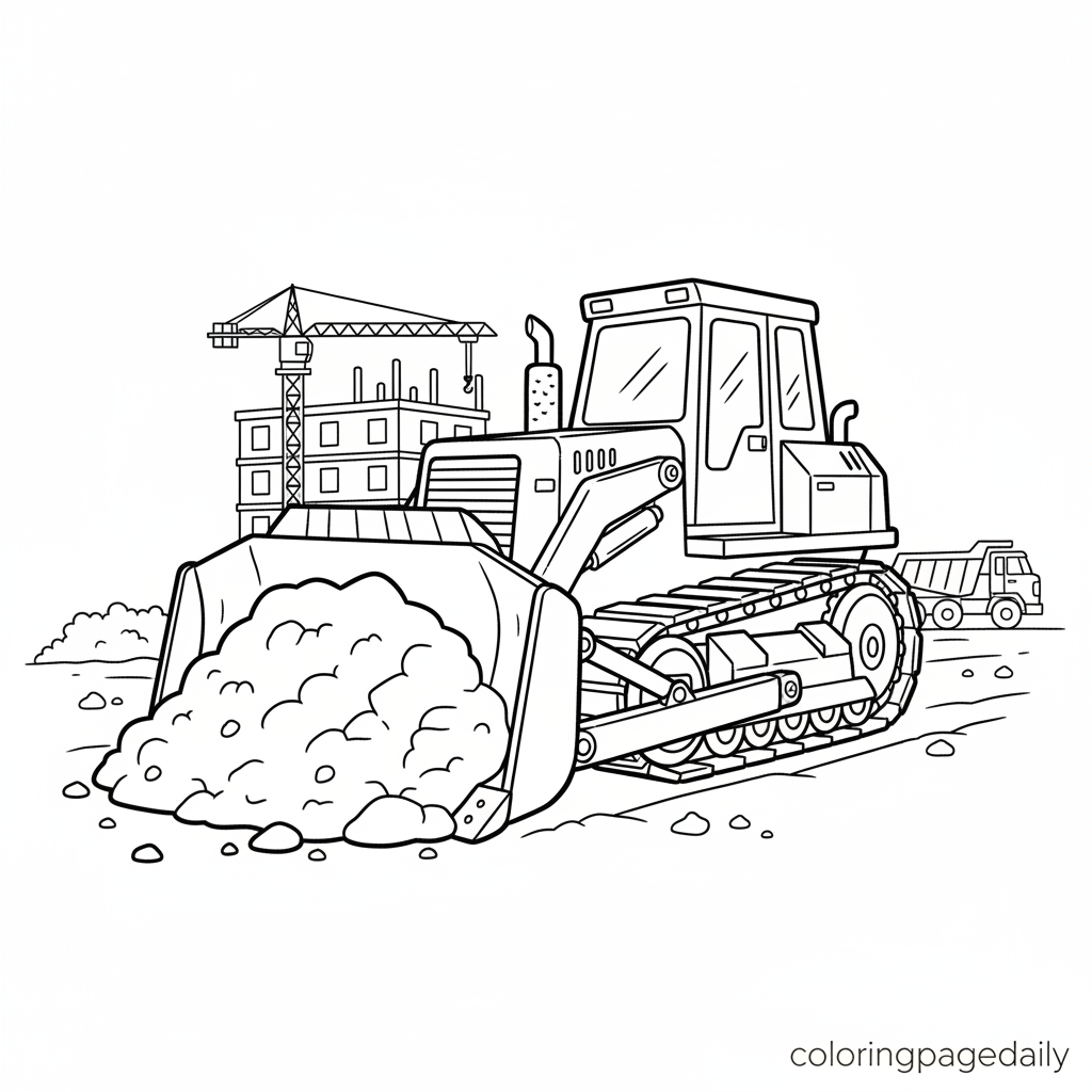 Bulldozer at Construction Site - Black and white coloring page ready to print