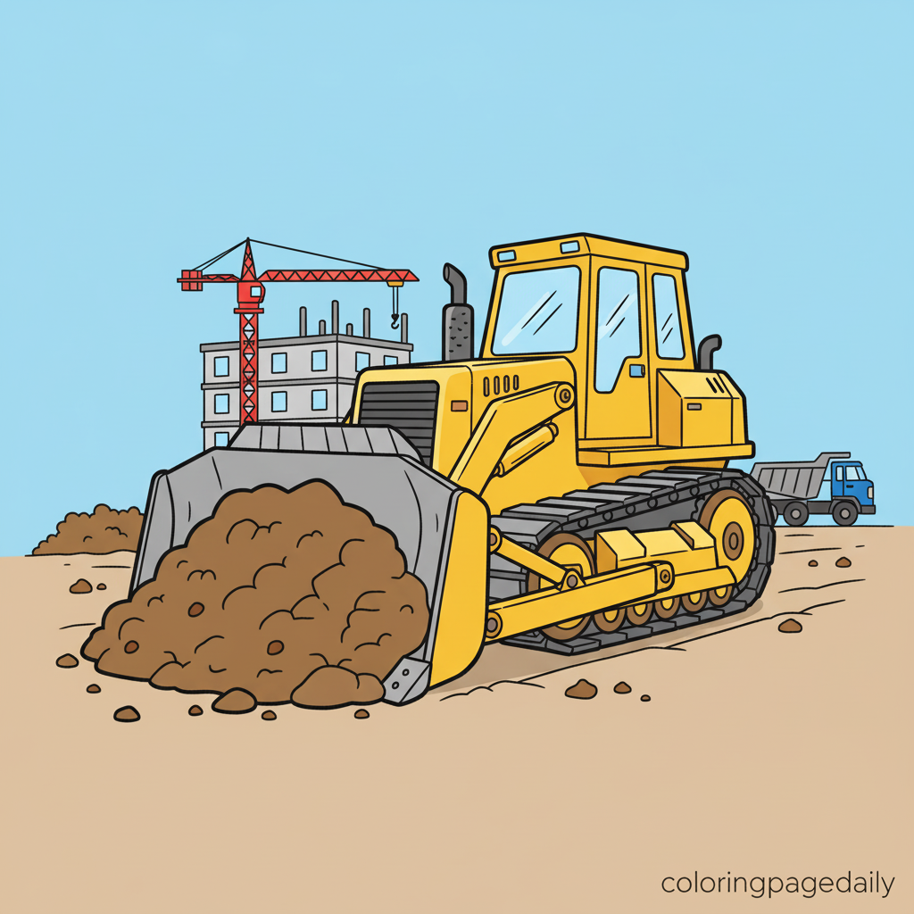 Bulldozer at Construction Site - Colored reference example for this printable coloring page