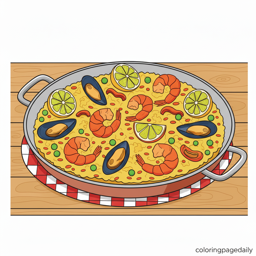 Spanish Paella Feast - Colored reference example for this printable coloring page