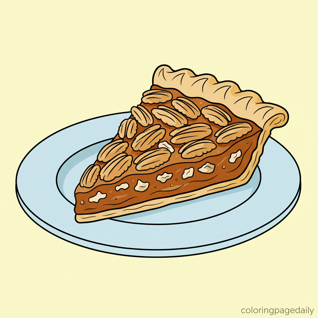 Delicious Pecan Pie Slice - Colored reference example for this printable coloring page