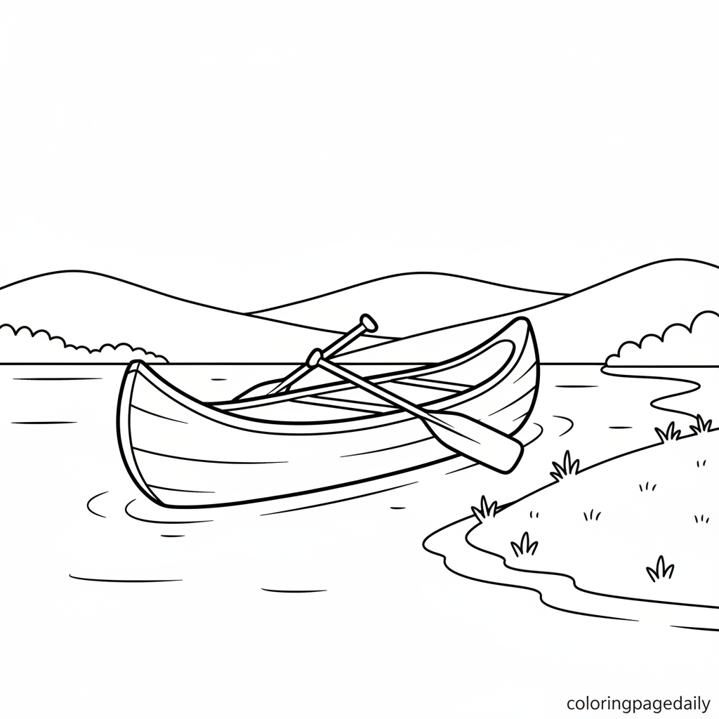 Canoe on the River - Black and white coloring page ready to print