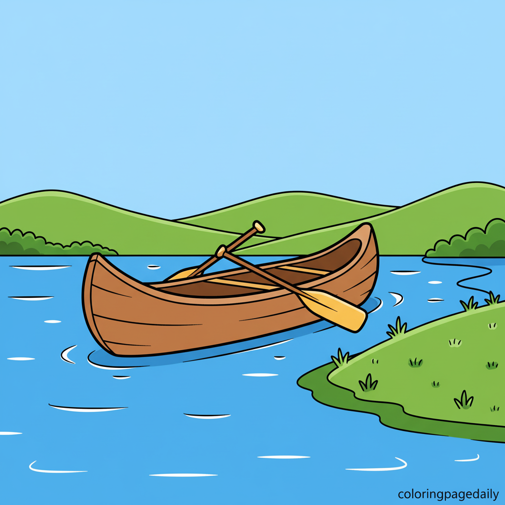 Canoe on the River - Colored reference example for this printable coloring page
