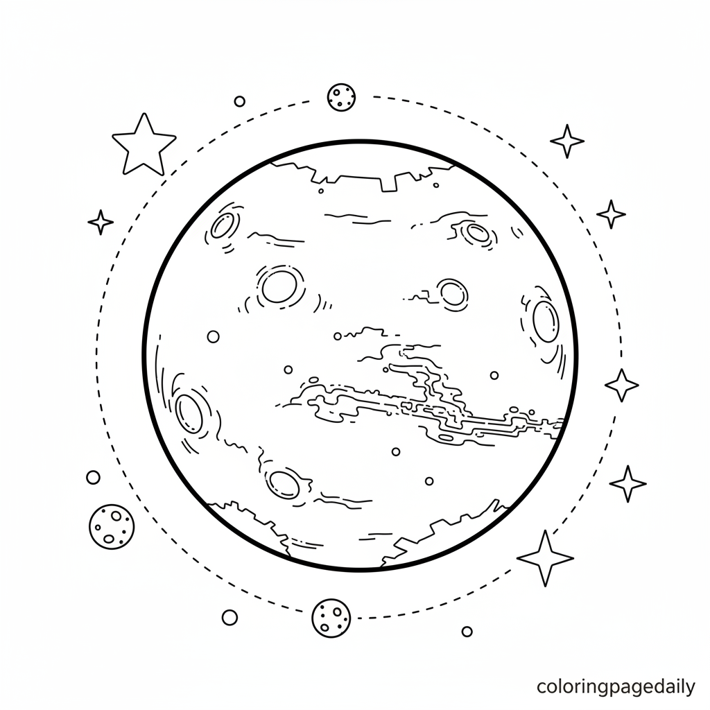 Planet Mars in Space - Black and white coloring page ready to print