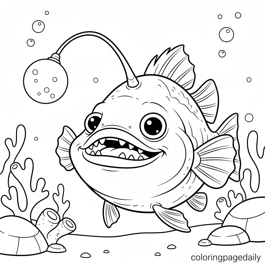 Anglerfish with Glowing Lure - Black and white coloring page ready to print