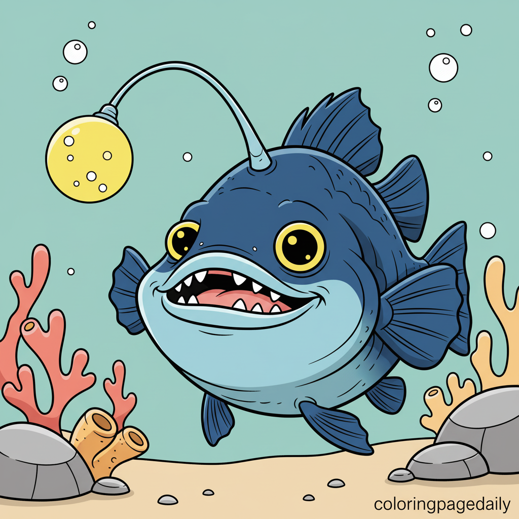 Anglerfish with Glowing Lure - Colored reference example for this printable coloring page