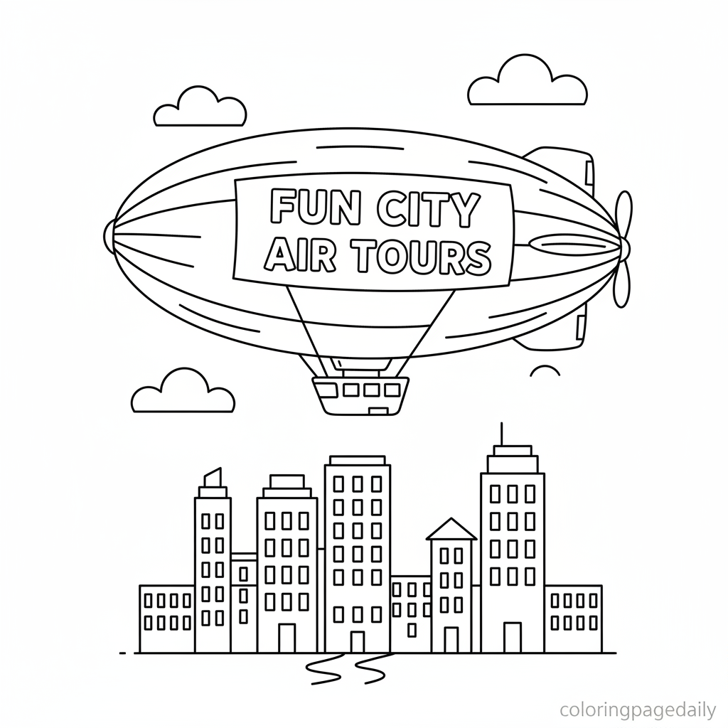 Blimp Floating in Sky - Black and white coloring page ready to print