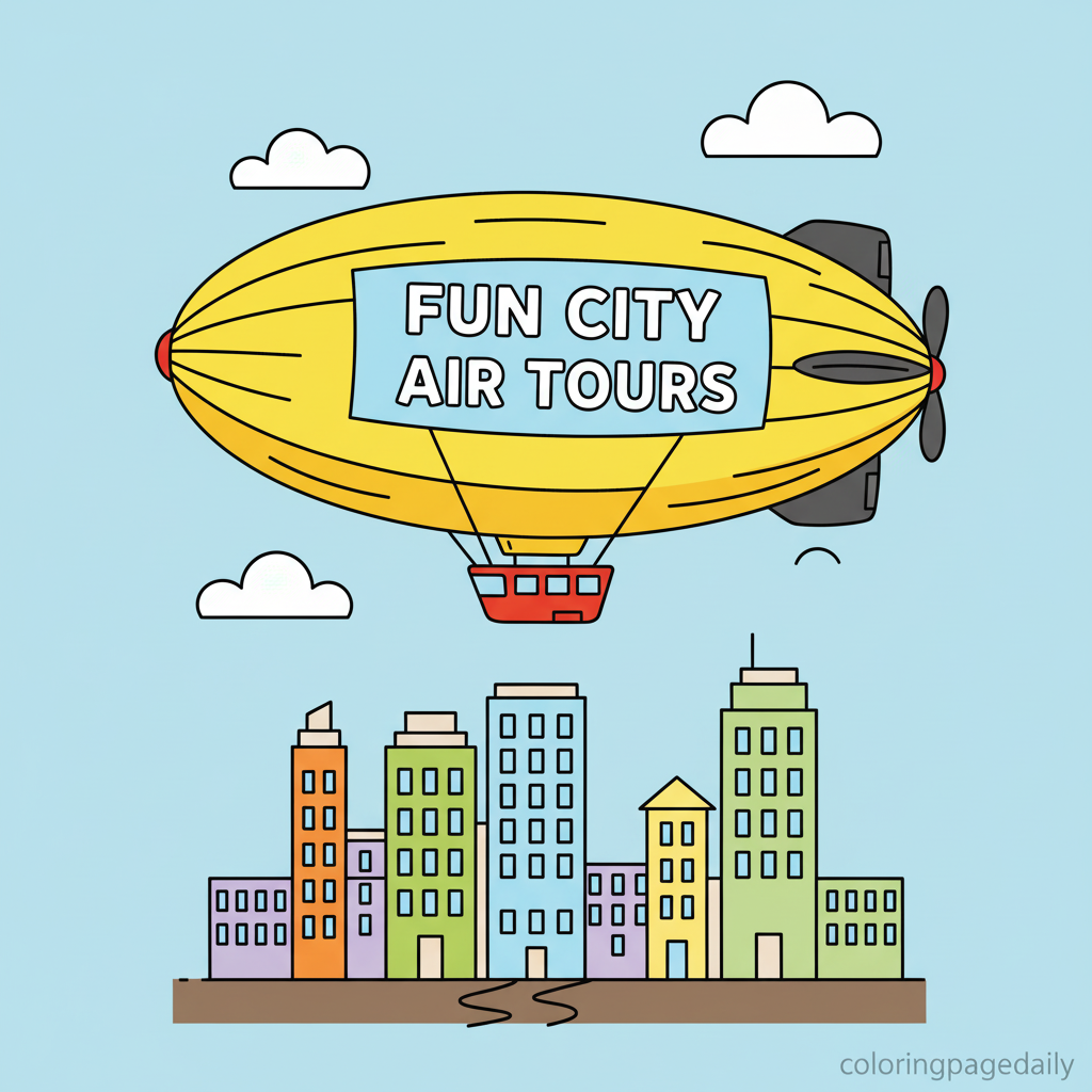 Blimp Floating in Sky - Colored reference example for this printable coloring page