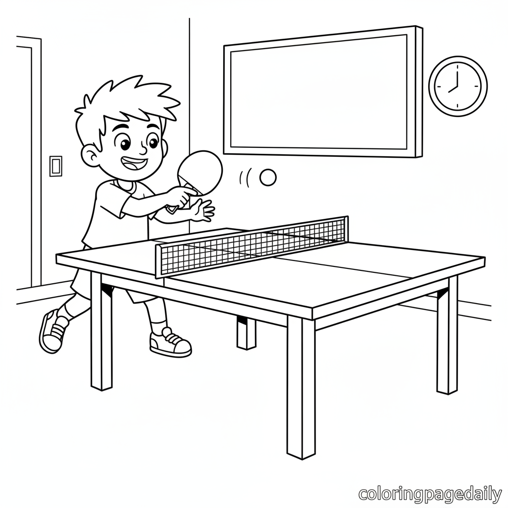 Kid Playing Table Tennis - Black and white coloring page ready to print