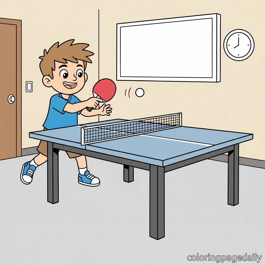 Kid Playing Table Tennis - Colored reference example for this printable coloring page