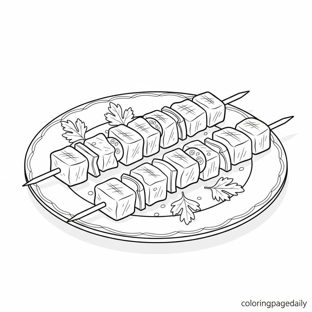 Turkish Chicken Kebabs - Black and white coloring page ready to print