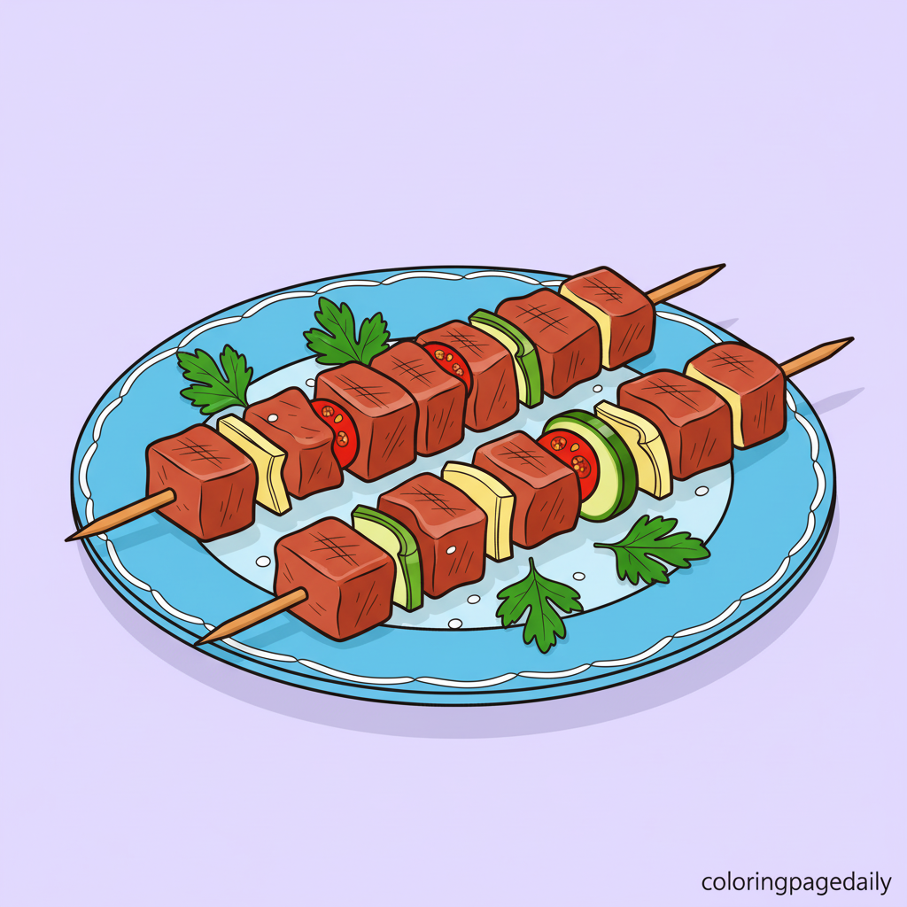 Turkish Chicken Kebabs - Colored reference example for this printable coloring page